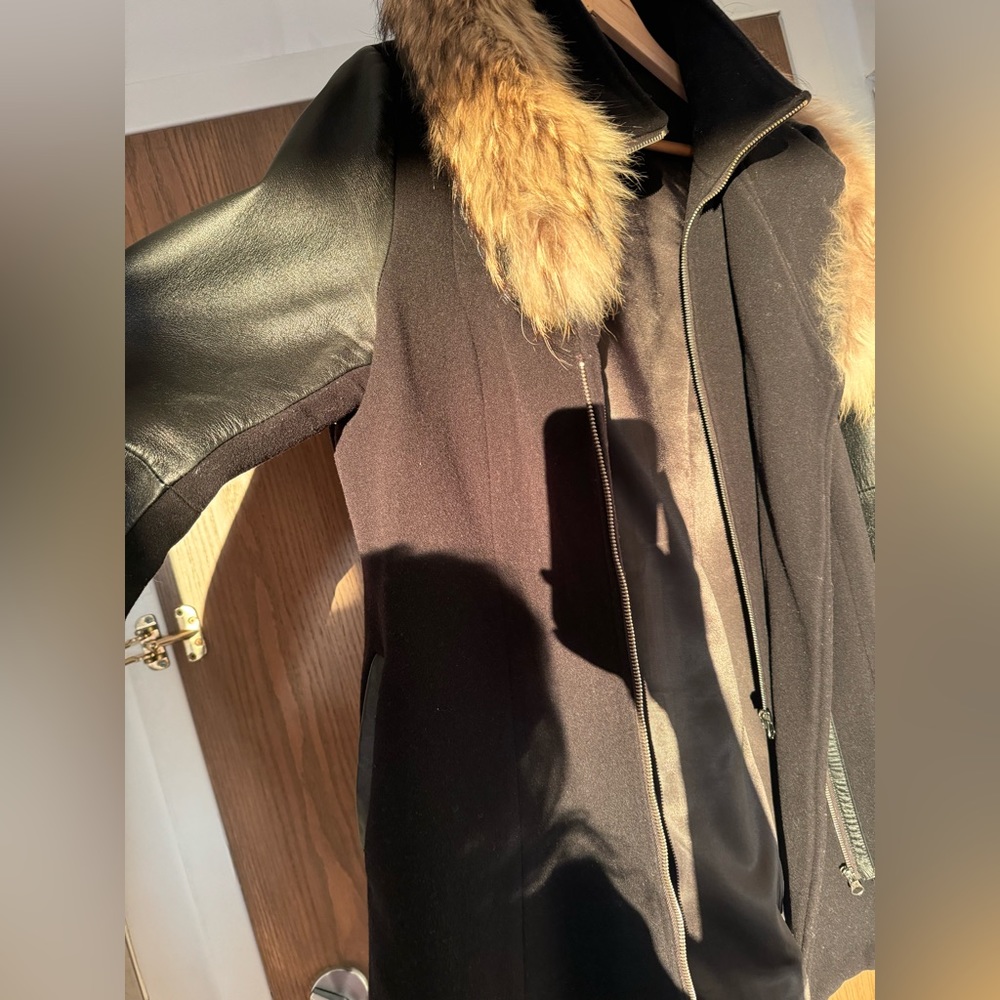 Size Large Black warm winter coat with fur hood double layer SICILY, brown fur L - Picture 7 of 16